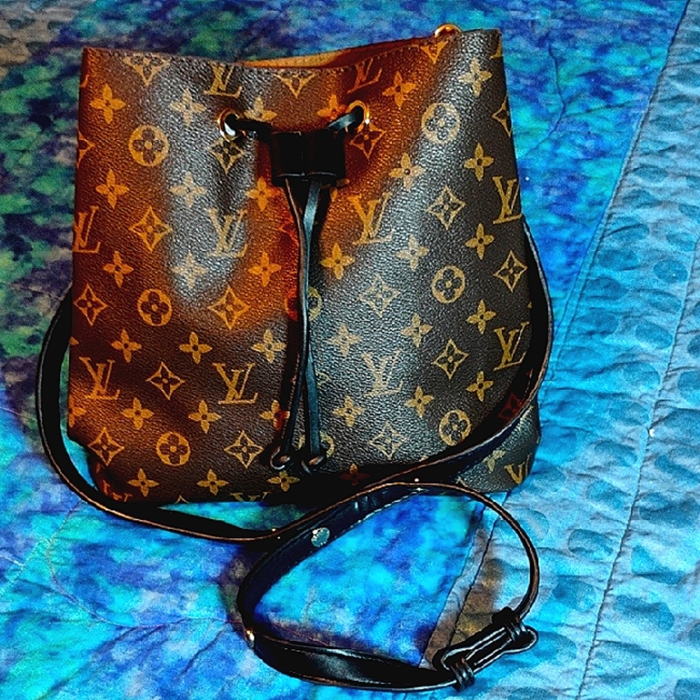 Brown Monogram Drawstring Bucket Fashion Bag, With Dust Bag, EUC